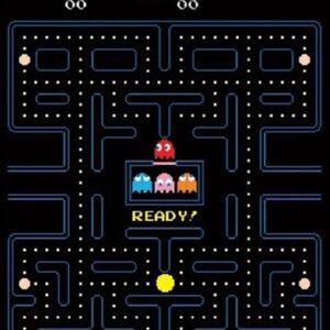Pac-Man Game Poster - Black with Yellow, Red, Blue, Pink, Orange